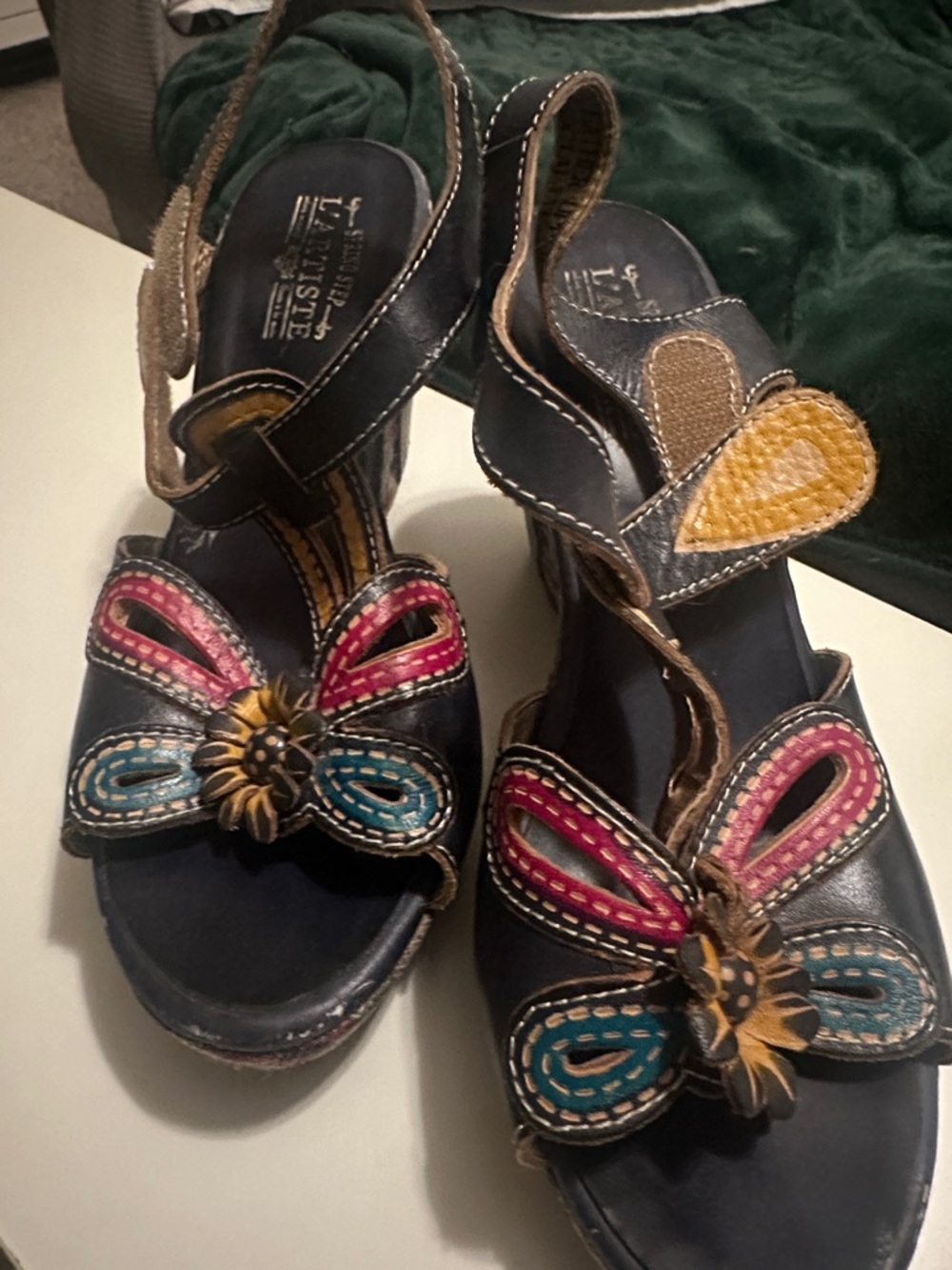 Spring Step Navy Leather Sandals with Pink, Teal & Yellow Floral Detail